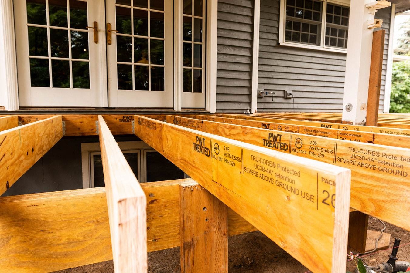 Pressure-treated wood deck construction